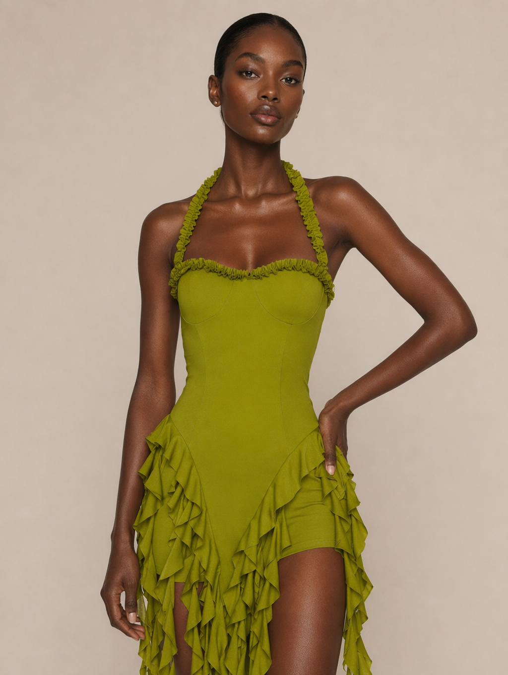 Olive Green Fringe Ruffle Halter Mini Dress