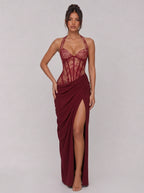 Zephrina Cressida lace corset slit maxi dress in burgundy