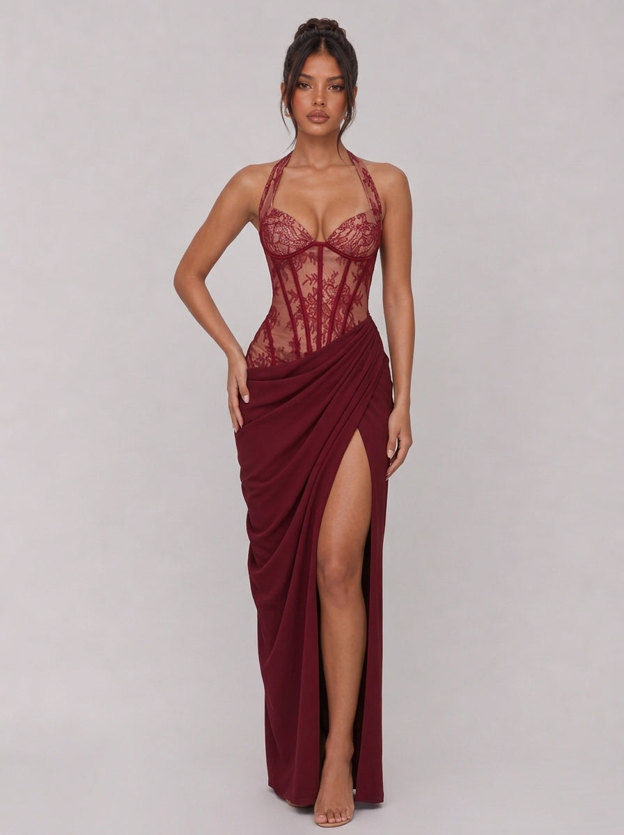 Zephrina Cressida lace corset slit maxi dress in burgundy