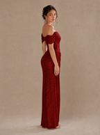 Zephrina Sabine off-shoulder glitter ruched maxi dress in silver