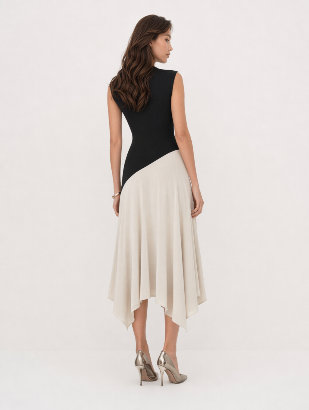 Color Block Sleeveless Asymmetrical Midi Dress