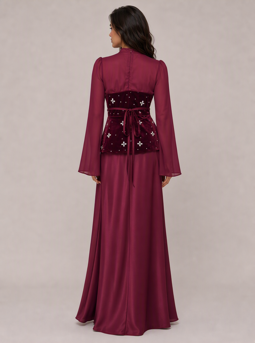 Zephrina Rosalind velvet peplum embellished maxi dress in burgundy