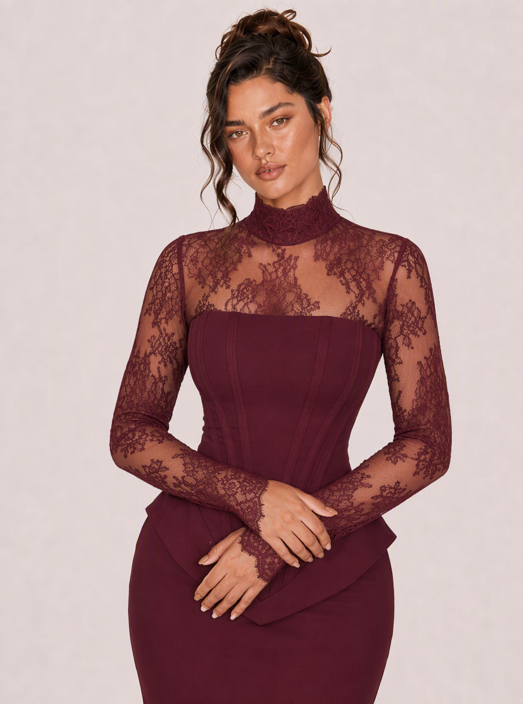 Zephrina Rosalie lace illusion maxi dress in burgundy