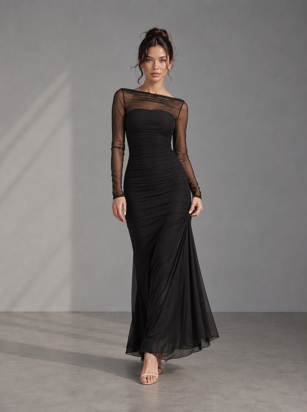 Zephrina Aureline illusion lace maxi dress in black