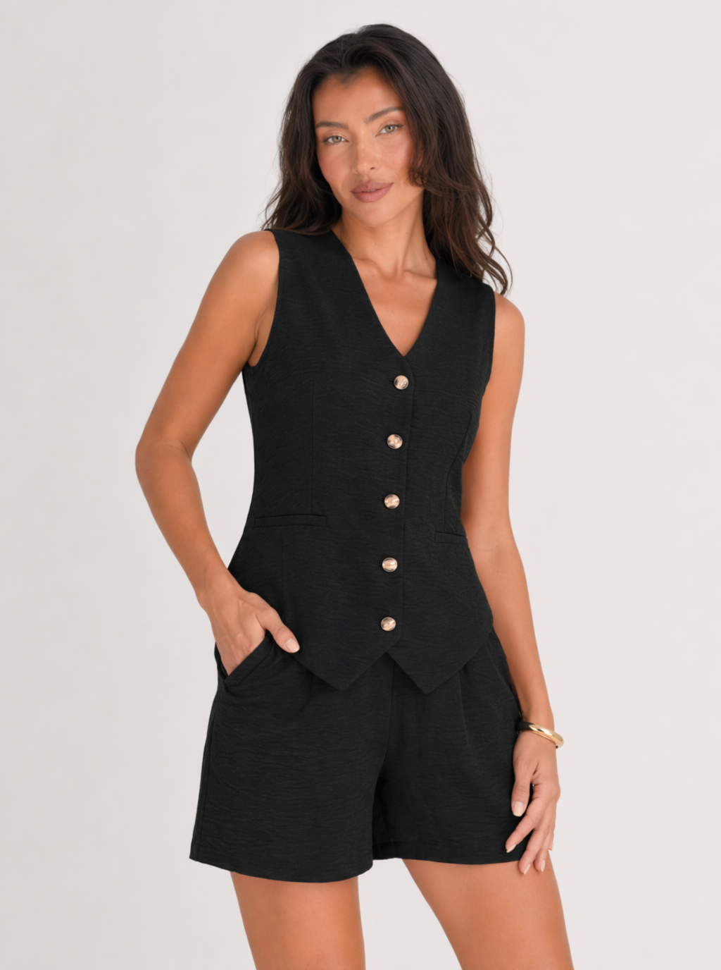 Zephrina Button-Front Tailored Vest & Shorts Set