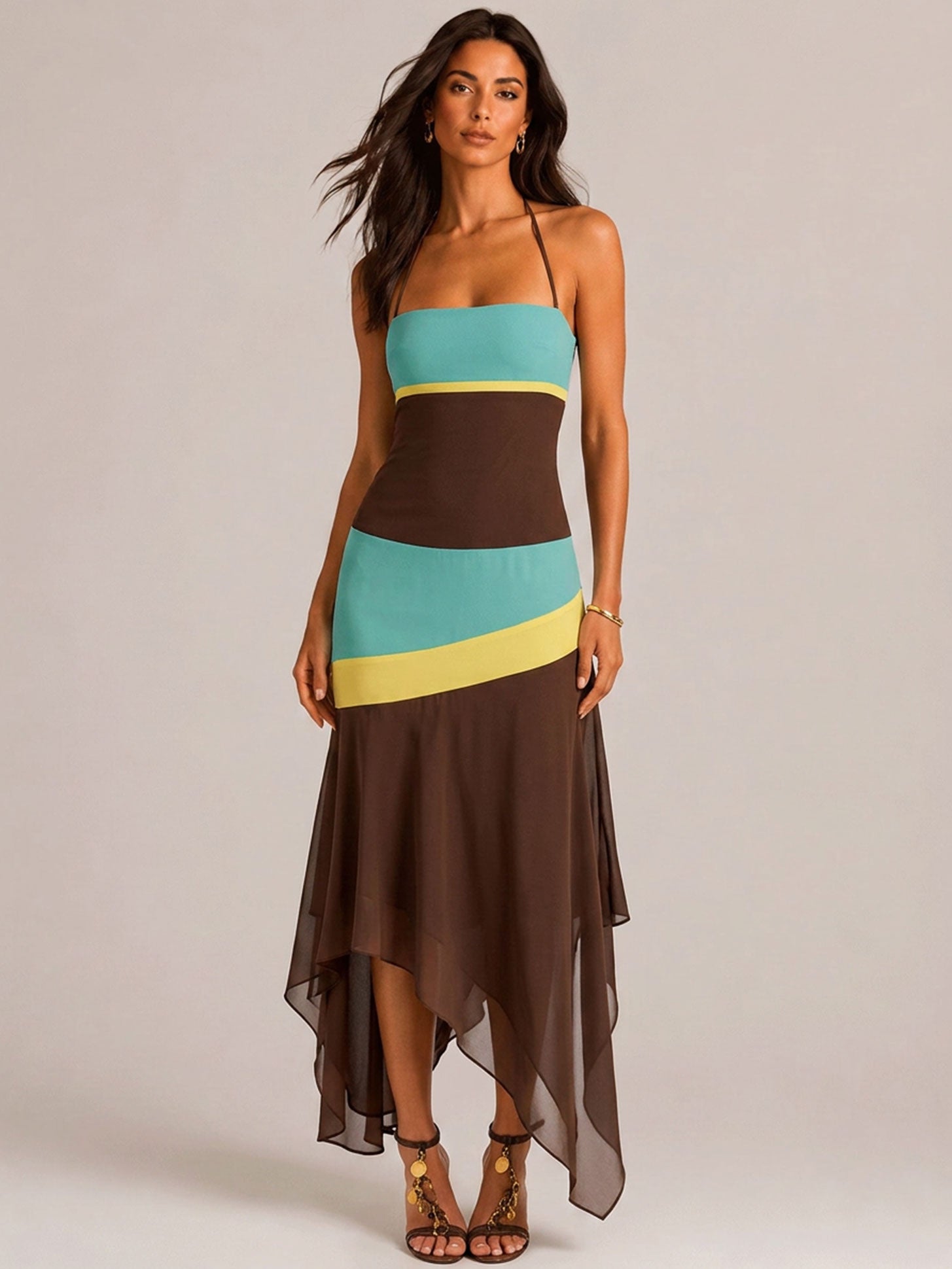 Block Halter Corset Top & Asymmetrical Midi Skirt Two Piece Matching Set