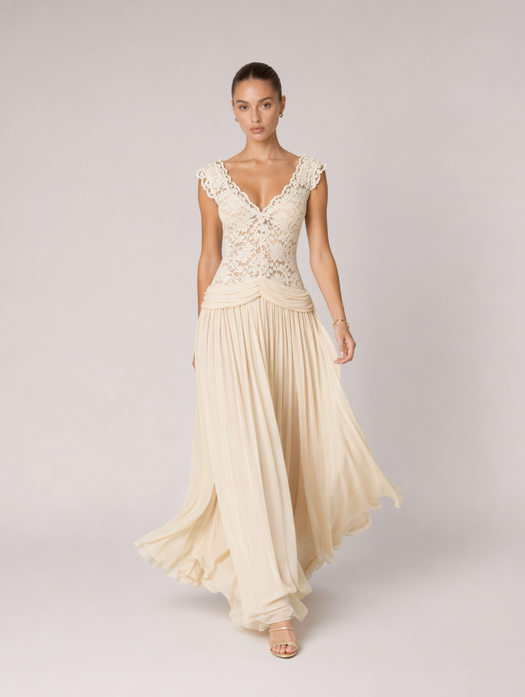 Apricot Floral Lace V-neck Maxi Dress