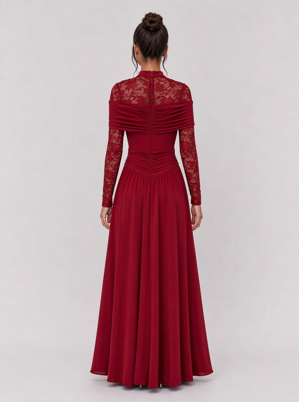 Zephrina Eulalia lace-sleeve draped maxi dress in red