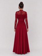 Zephrina Eulalia lace-sleeve draped maxi dress in red