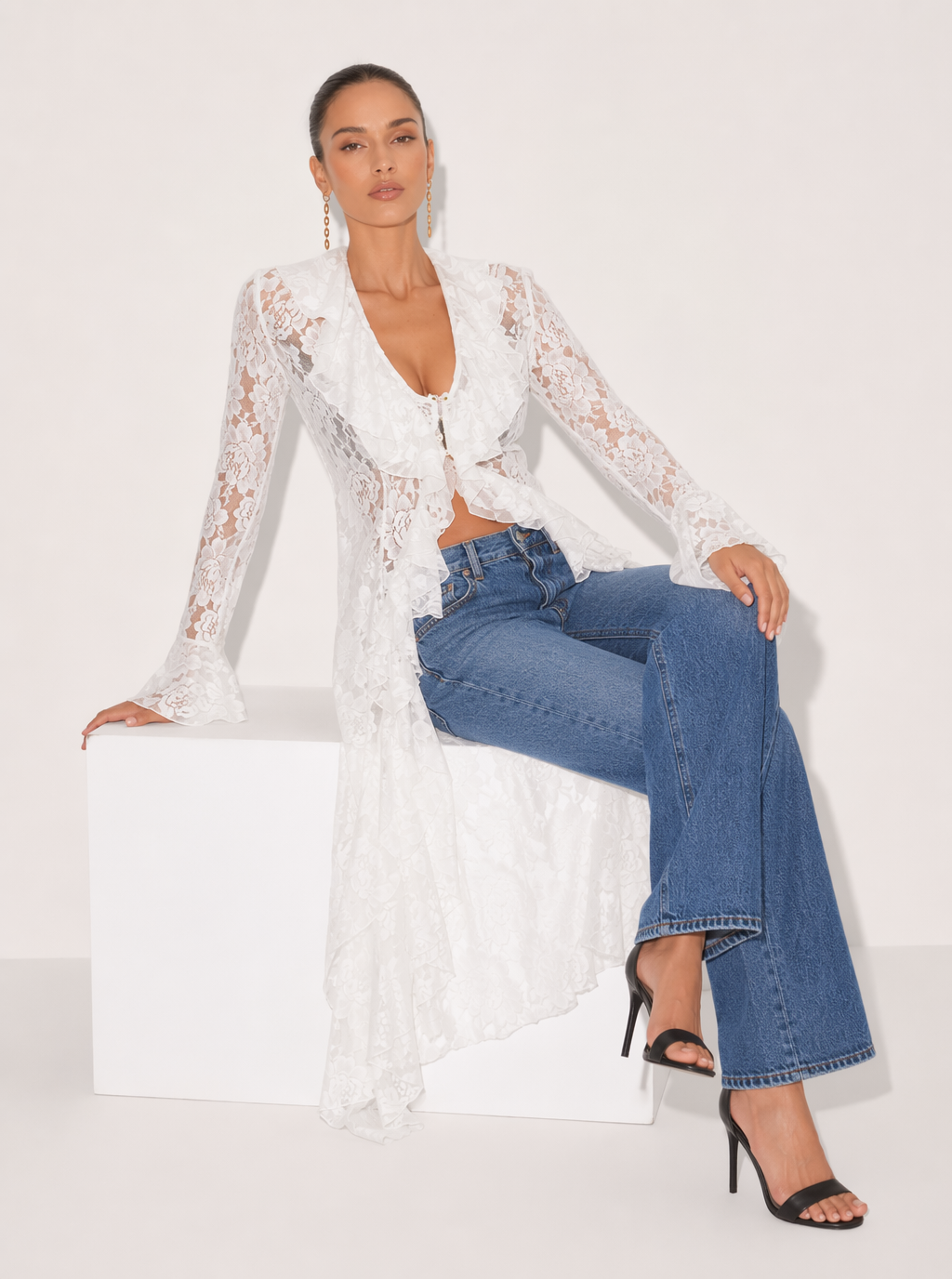Zephrina Quintessa lace ruffle duster cardigan in white