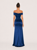 Zephrina off-shoulder satin-look slit maxi dress in navy