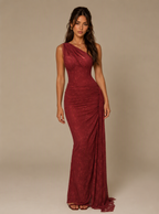 Zephrina Juliette one-shoulder embroidered lace maxi dress in burgundy
