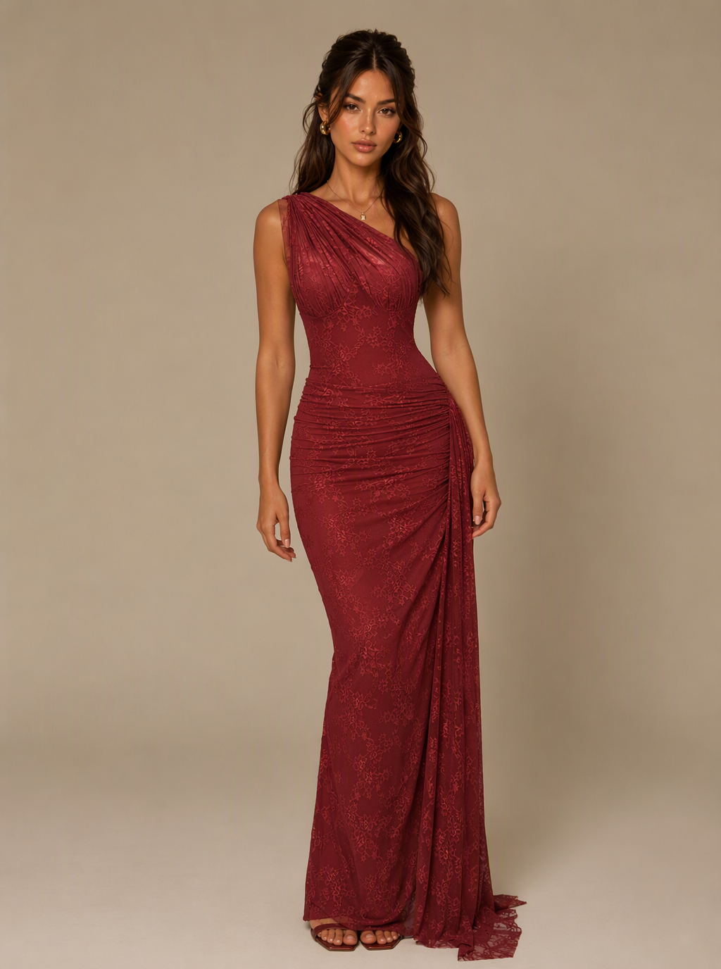 Zephrina Juliette one-shoulder embroidered lace maxi dress in burgundy