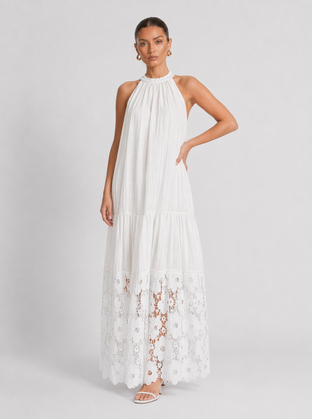 Zephrina White Floral Lace Halter Tiered Maxi Dress