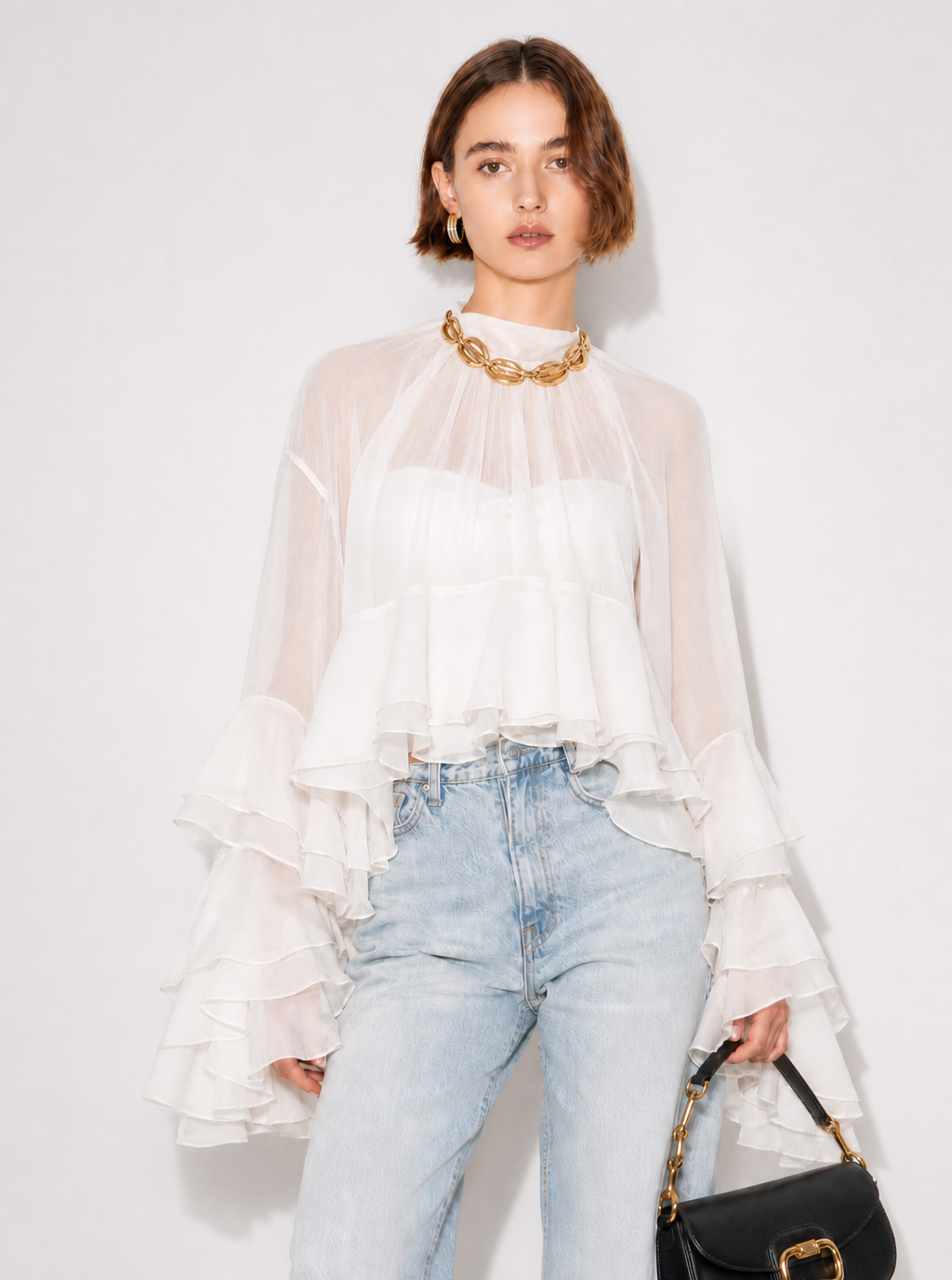 Zephrina Evelise sheer ruffle chiffon top in white