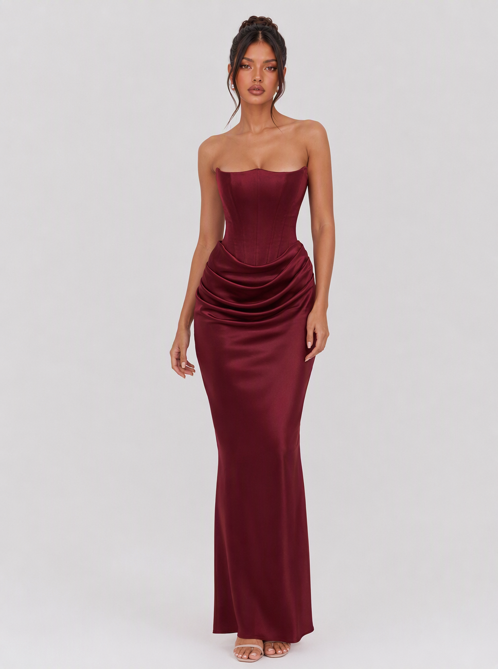 Lucinda Strapless Draped Satin Maxi Dress