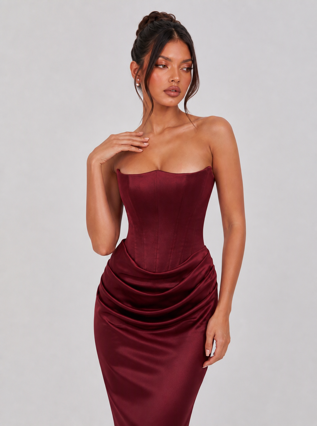 Lucinda Strapless Draped Satin Maxi Dress