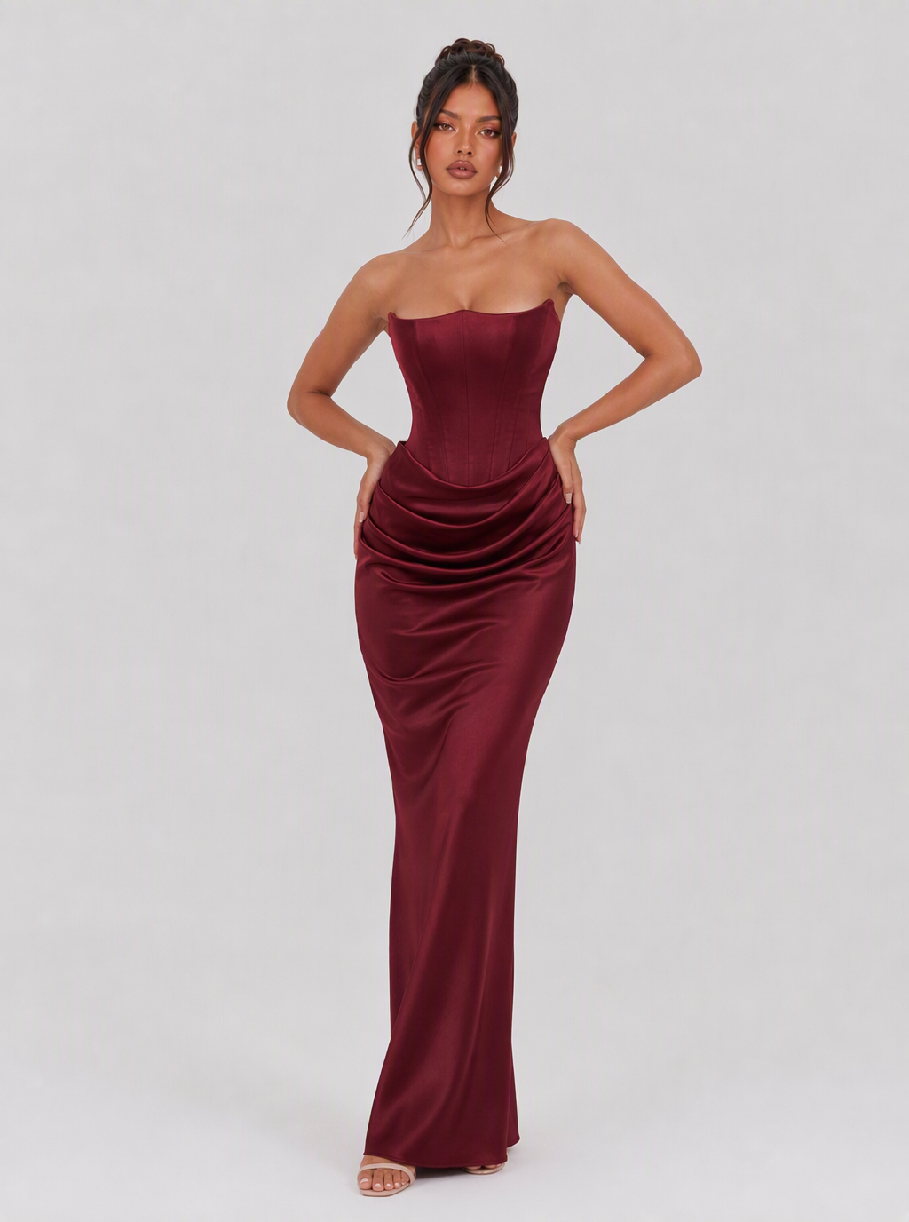 Lucinda Strapless Draped Satin Maxi Dress