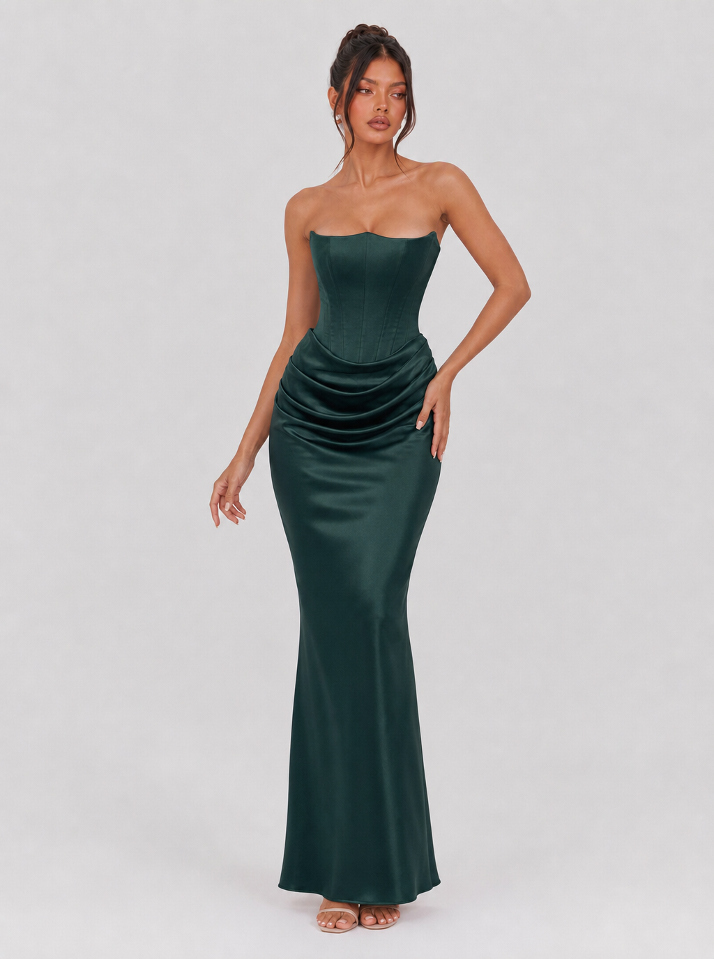 Lucinda Strapless Draped Satin Maxi Dress