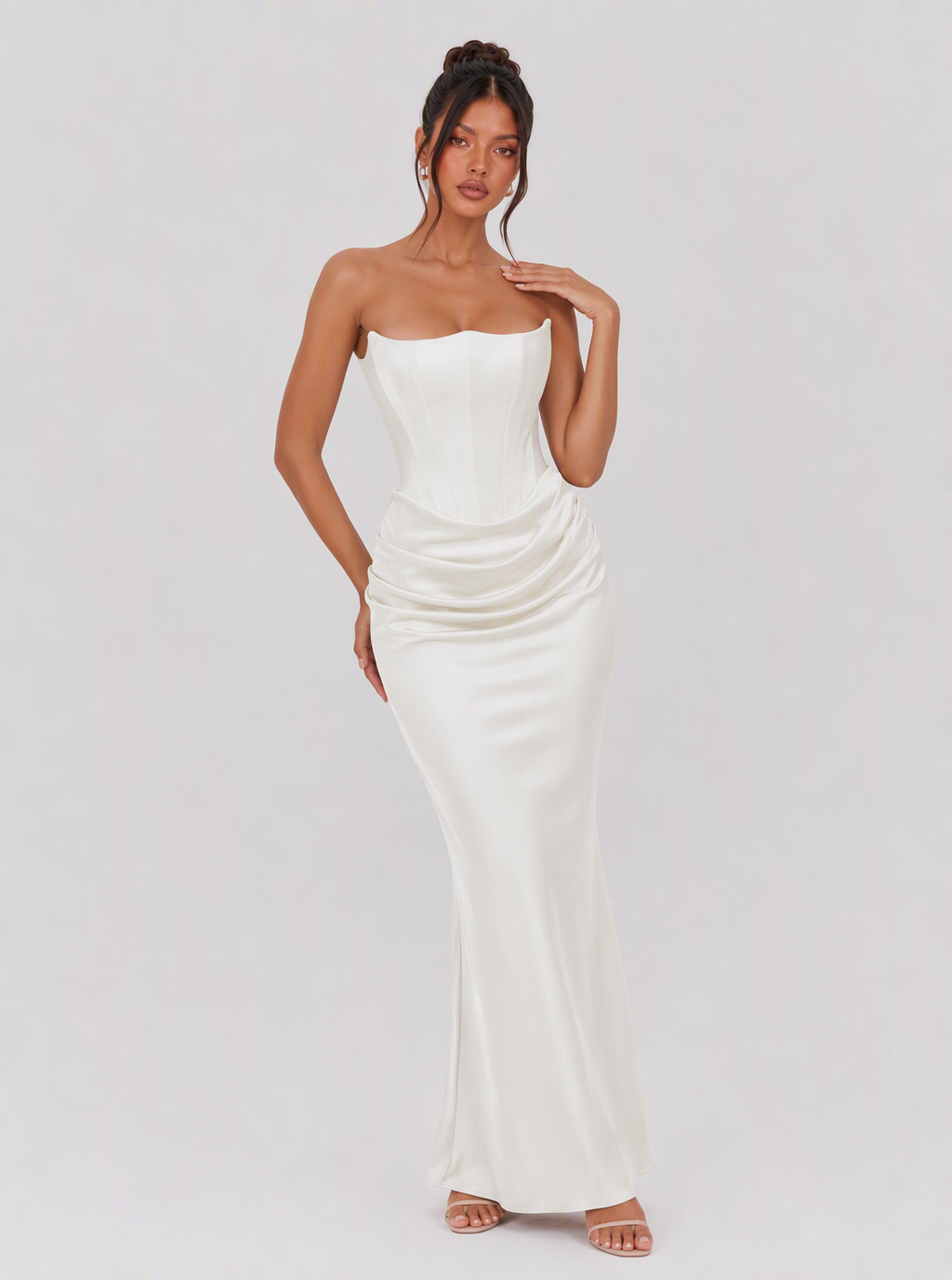 Lucinda Strapless Draped Satin Maxi Dress