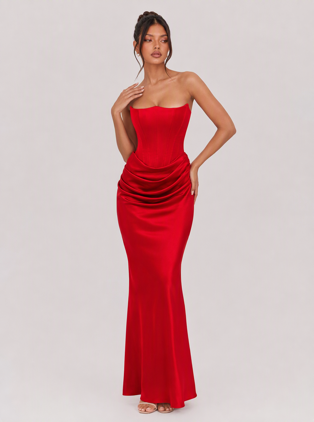 Lucinda Strapless Draped Satin Maxi Dress