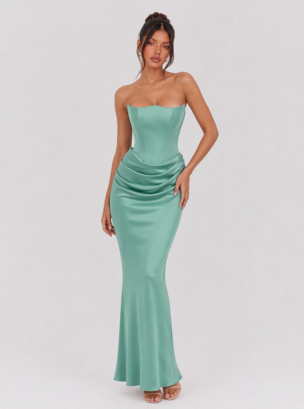 Lucinda Strapless Draped Satin Maxi Dress