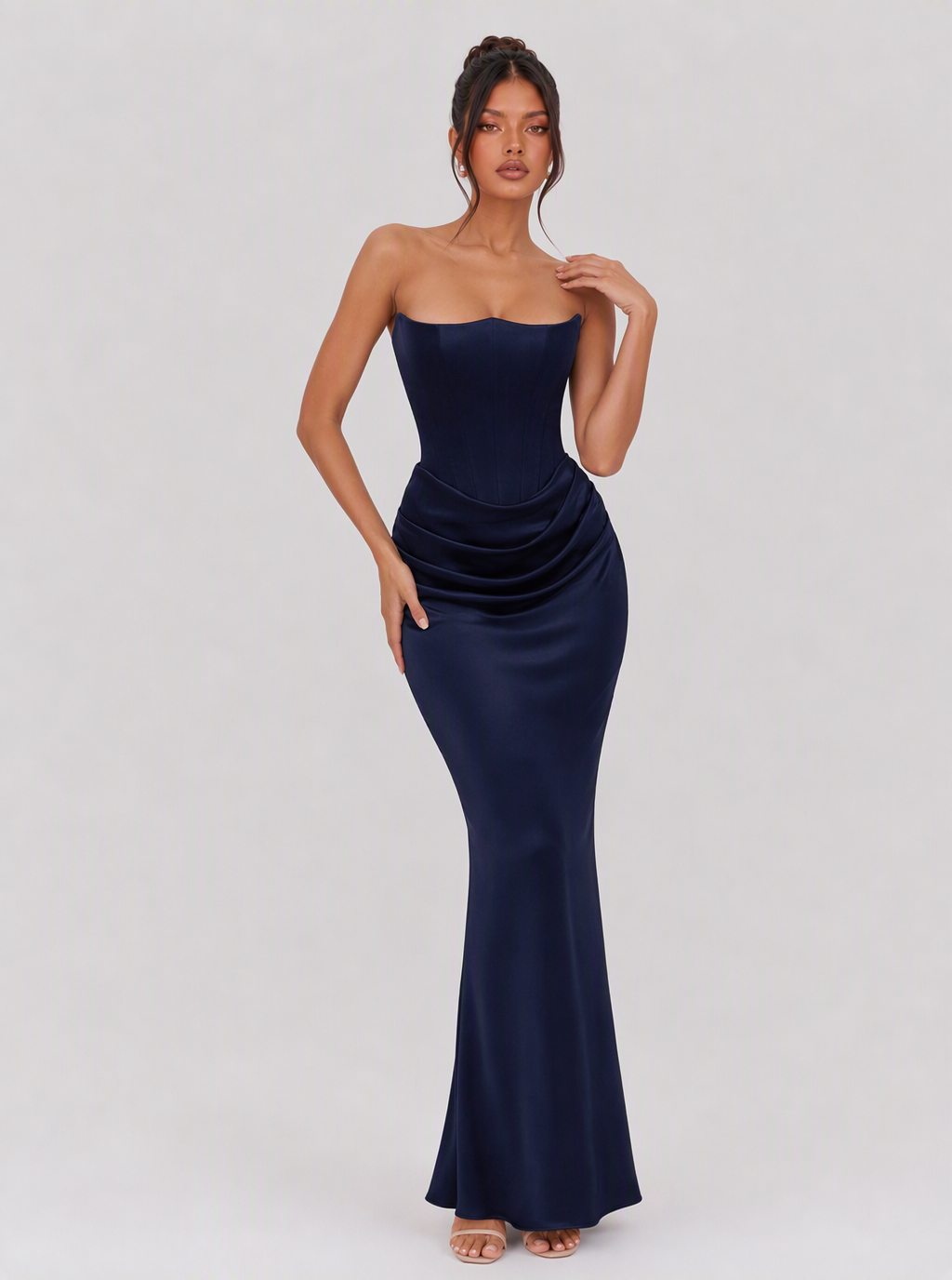 Lucinda Strapless Draped Satin Maxi Dress