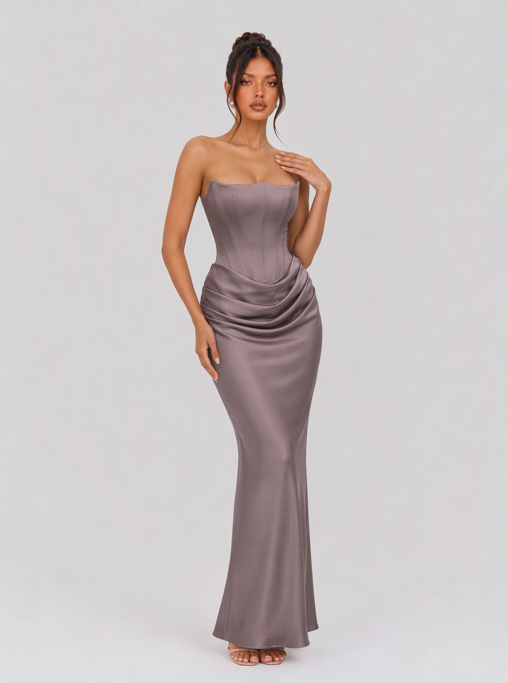 Lucinda Strapless Draped Satin Maxi Dress