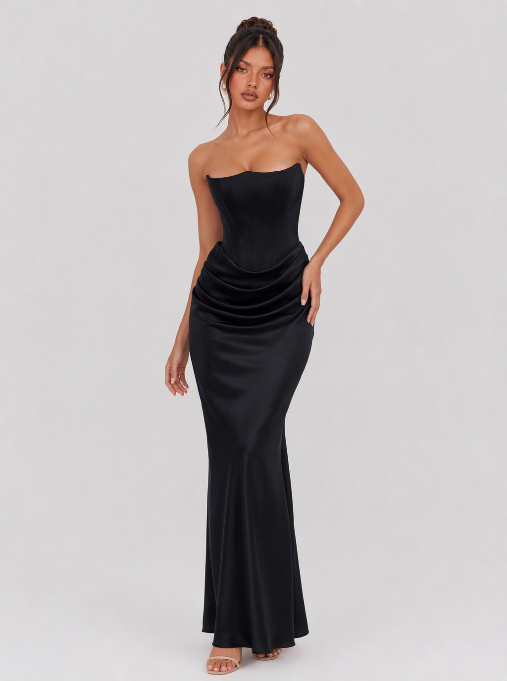Lucinda Strapless Draped Satin Maxi Dress