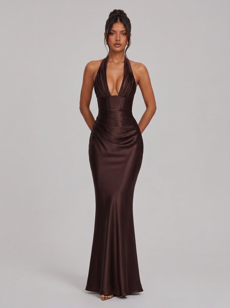 Georgiana Plunge-Halter Satin Maxi Dress