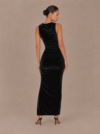 Theodora High-Neck Velvet Slit Maxi Dress