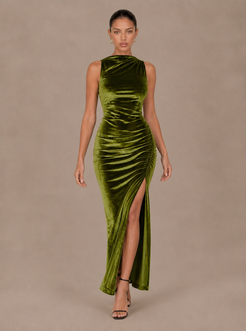 Theodora High-Neck Velvet Slit Maxi Dress