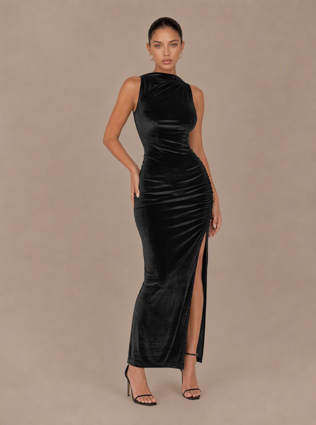 Theodora High-Neck Velvet Slit Maxi Dress