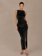 Theodora High-Neck Velvet Slit Maxi Dress