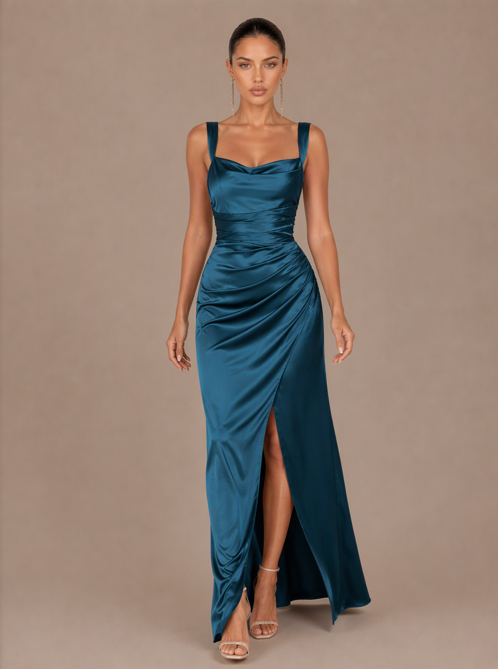 Rosalind Draped Satin Slit Maxi Dress