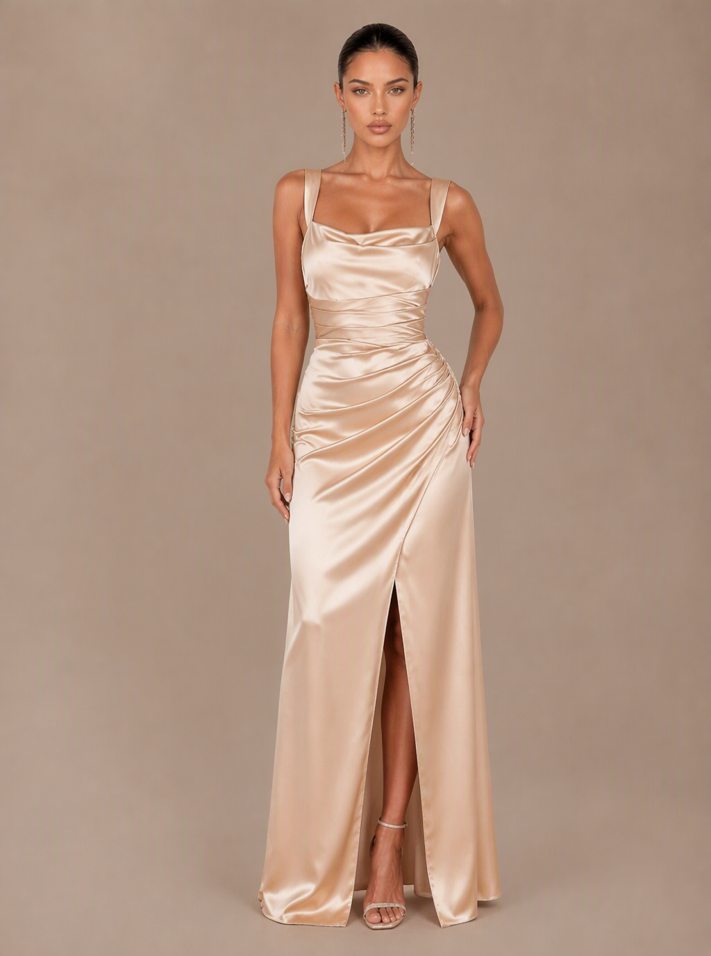 Rosalind Draped Satin Slit Maxi Dress
