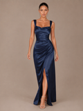 Rosalind Draped Satin Slit Maxi Dress