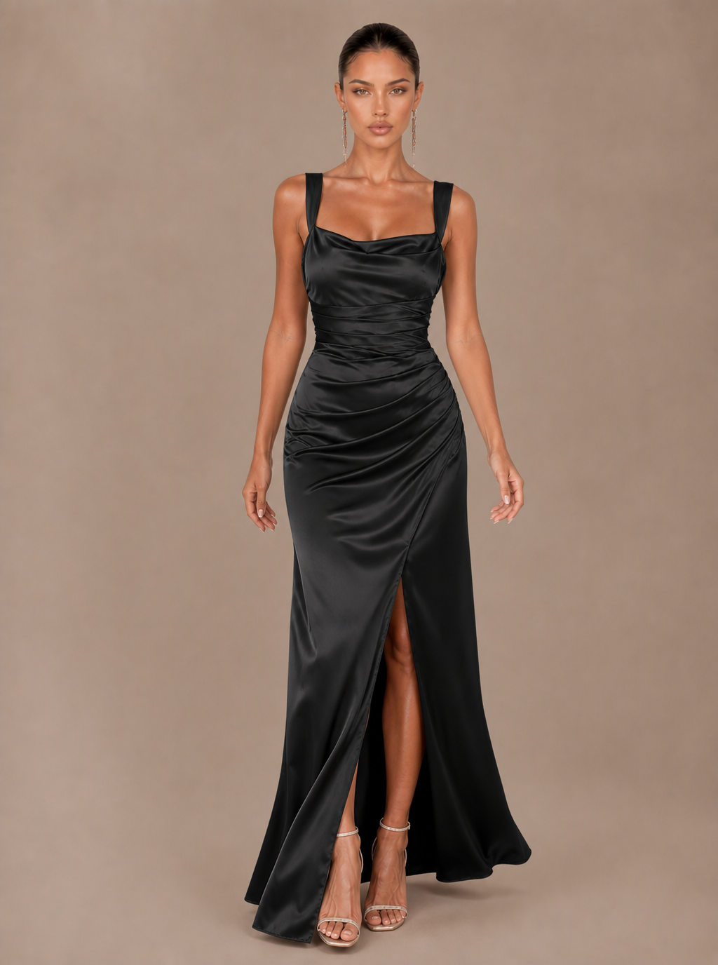 Rosalind Draped Satin Slit Maxi Dress