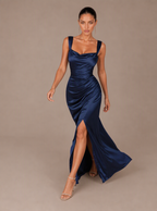 Rosalind Draped Satin Slit Maxi Dress