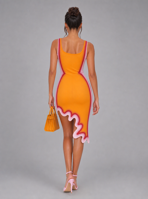 Celestina Wave-Print Asymmetric Midi Dress
