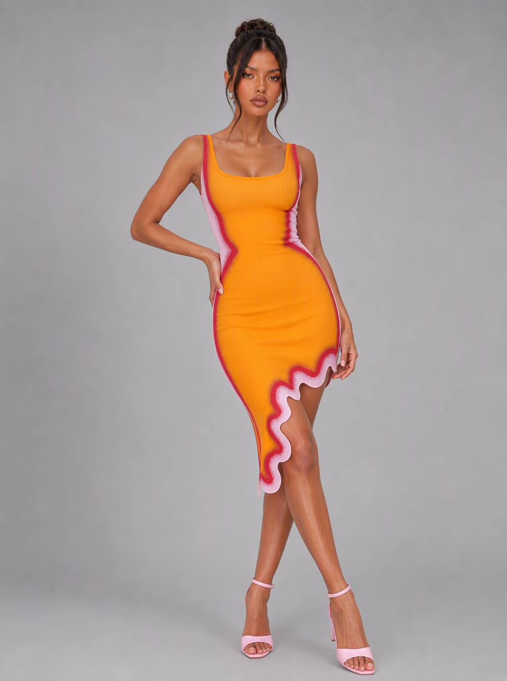 Celestina Wave-Print Asymmetric Midi Dress