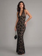 Eveline Plunge-Halter Lace Maxi Dress