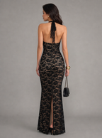 Eveline Plunge-Halter Lace Maxi Dress