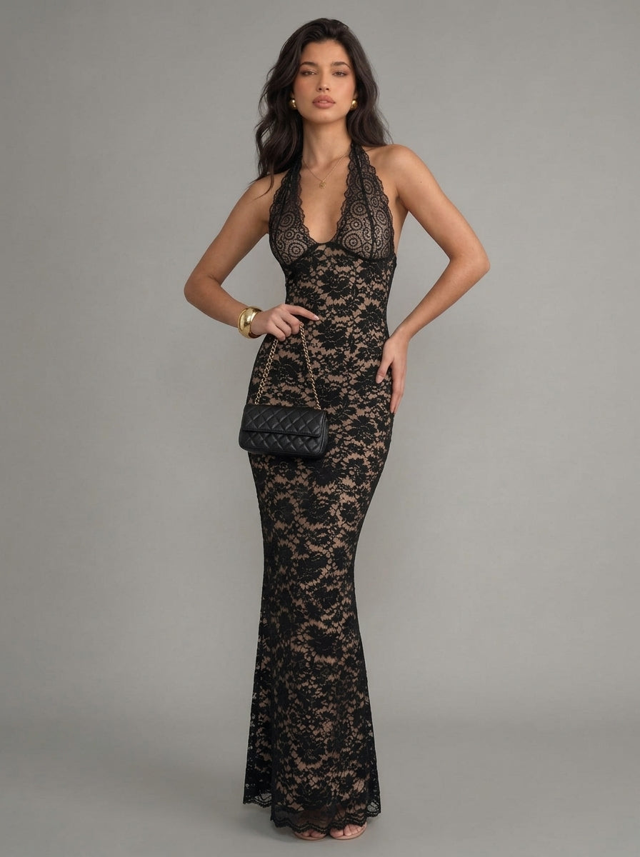 Eveline Plunge-Halter Lace Maxi Dress