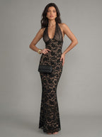 Eveline Plunge-Halter Lace Maxi Dress
