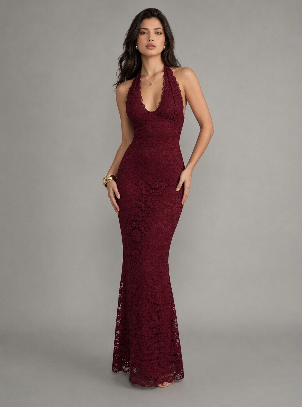 Eveline Plunge-Halter Lace Maxi Dress