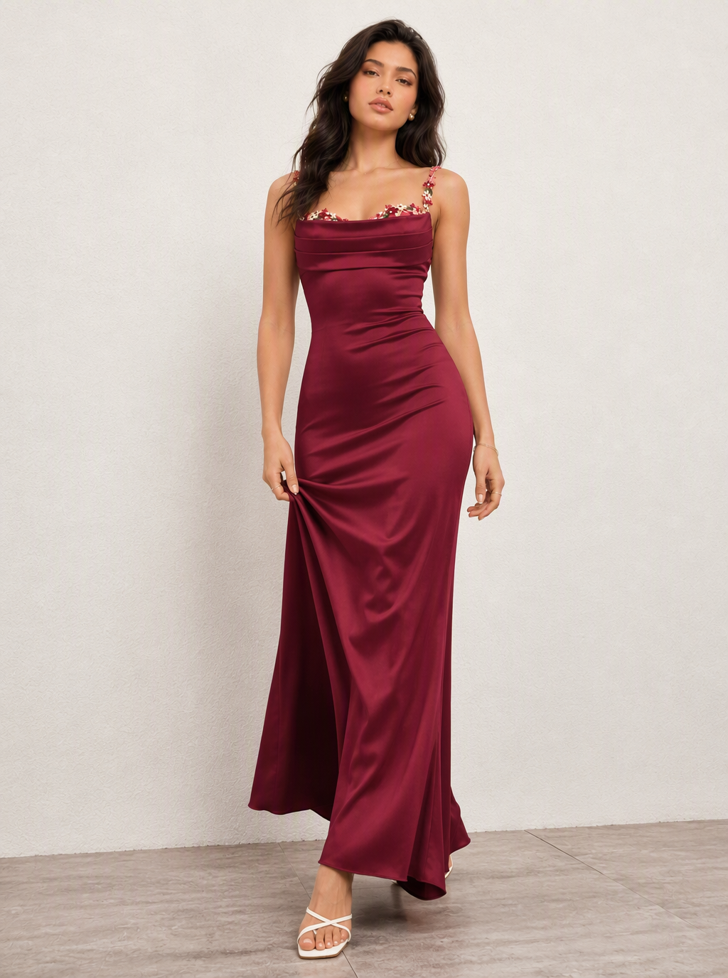 Christabel Floral-Trim Satin Maxi Dress