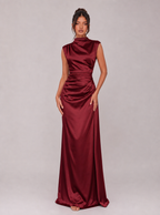 Winona High-Neck Draped Satin Maxi Dress