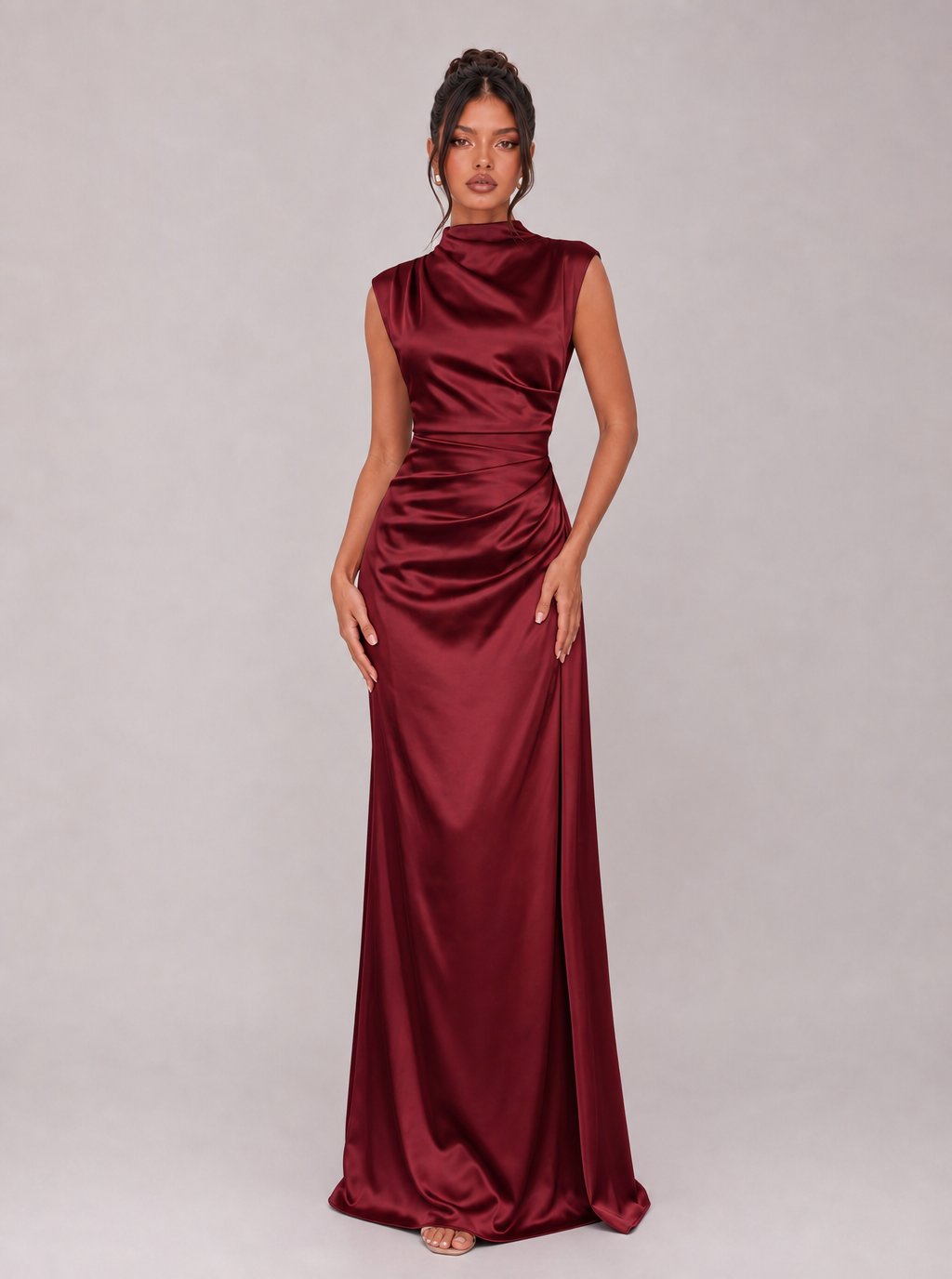 Winona High-Neck Draped Satin Maxi Dress