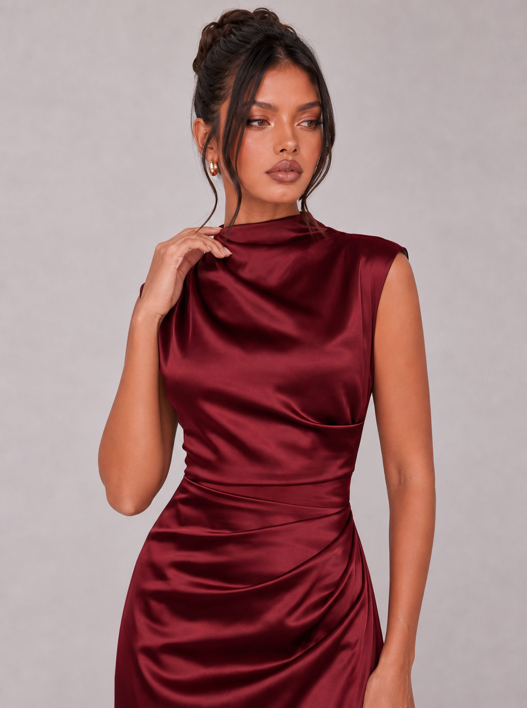 Winona High-Neck Draped Satin Maxi Dress